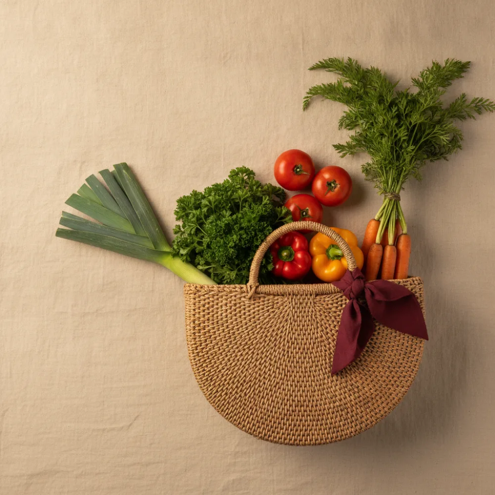 Lista de mercado ao lado de uma sacola com alho-poró, salsinha e tomates
