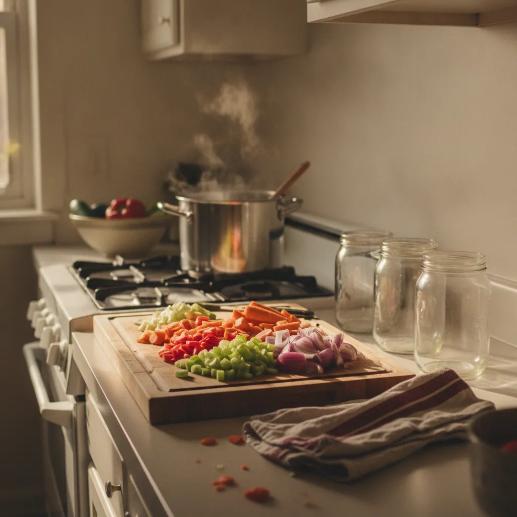 Bancada de cozinha no domingo: legumes cortados na tábua, panela no fogo e potes de vidro vazios esperando